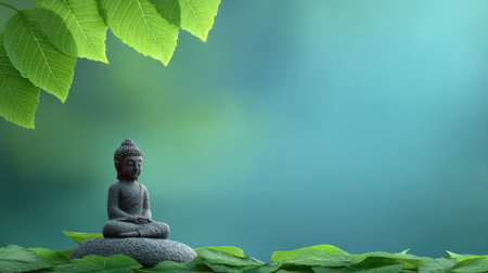 A tranquil Buddha statue sits amidst vibrant green leaves against a soft blue background, symbolizing peace, mindfulness, and the beauty of nature. Perfect for relaxation themes.の素材