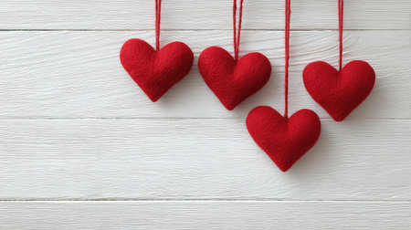 Charming display of four red fabric hearts hanging on strings against a light wooden background, ideal for use in romantic projects, invitations, or home decor.の素材