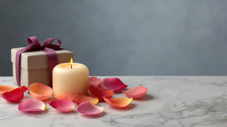A beautifully arranged scene featuring a delicate candle, a stylish gift box, and colorful rose petals on a polished marble surface, perfect for romantic occasions and celebrations.の素材