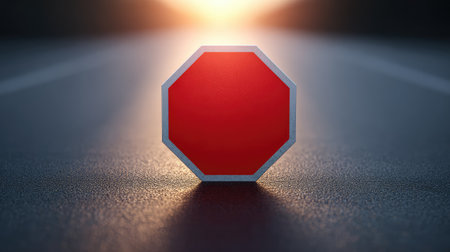 A solitary stop sign stands on a quiet road with a blurred sunset in the background, evoking themes of caution and tranquility in an urban setting.の素材