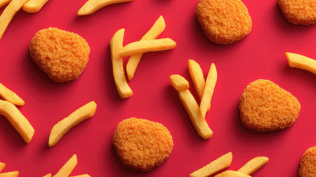 Bright red background features a tempting arrangement of crispy chicken nuggets and golden fries, ideal for food photography or culinary promotions. Enjoy the delicious combination!の素材