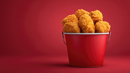 A vibrant display of golden fried chicken pieces in a classic red bucket, ideal for advertising food, restaurant menus, or cooking articles to entice viewers.の素材