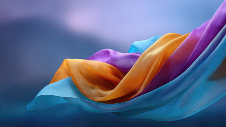 A stunning display of flowing fabric in orange, purple, and blue creates an elegant visual, showcasing texture and motion against a serene background perfect for art or fashion themes.の素材