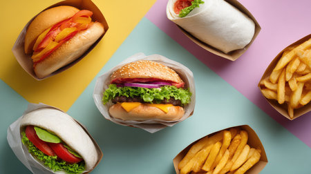 A vibrant arrangement of tempting fast food items including a juicy burger, crispy fries, and fresh wraps presented in stylish boxes on a colorful backdrop. Perfect for food promotions.の素材