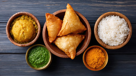 Explore the rich flavors of Indian cuisine with this beautiful arrangement of samosas, rice, lentils, and vibrant chutneys on a rustic wooden table.の素材
