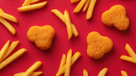 A vibrant arrangement of heart-shaped chicken nuggets and crispy fries on a red background, perfect for showcasing fun and playful food concepts in marketing and promotions.の素材