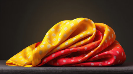 The image captures a vibrant drape of silk fabric in striking red and yellow with polka dot patterns, elegantly showcasing textures and colors in soft light, ideal for fashion themes.の素材