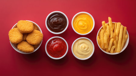 A vibrant arrangement of crispy chicken nuggets, golden French fries, and an array of flavorful sauces on a bright red background, ideal for food branding or advertising.の素材