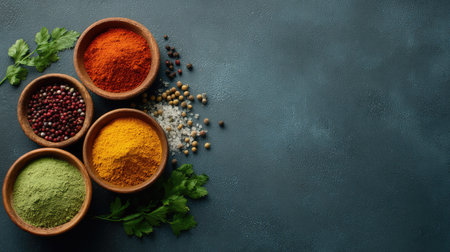 An artistic display of colorful spices and herbs in ceramic bowls on a dark textured background, perfect for showcasing culinary creativity and healthy meal preparation.の素材