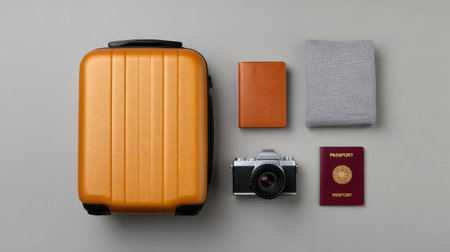 A modern travel arrangement featuring an orange suitcase, camera, leather notebook, grey blanket, and passports, perfect for inspiring wanderlust and effective packing.の素材