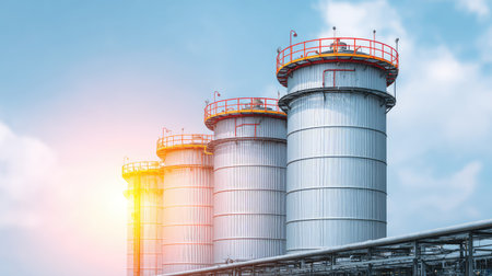 A set of industrial silos stands tall under a clear blue sky, featuring metallic finishes and safety railings, representing modern infrastructure in an urban environment.の素材