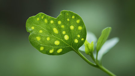 Captivating close-up of a green leaf showing vibrant yellow dots, perfect for nature lovers and botanical enthusiasts, highlighting the beauty of plant life.の素材