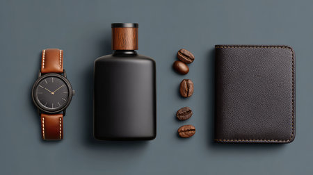 A stylish arrangement featuring a watch, a sleek fragrance bottle, coffee beans, and a leather wallet, perfect for showcasing modern lifestyle and elegance.の素材