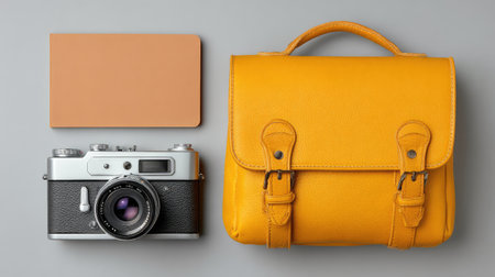 A stylish arrangement featuring a vintage camera, a yellow leather bag, and a sleek notebook on a gray backdrop, perfect for capturing creative moments and artistic inspiration.の素材