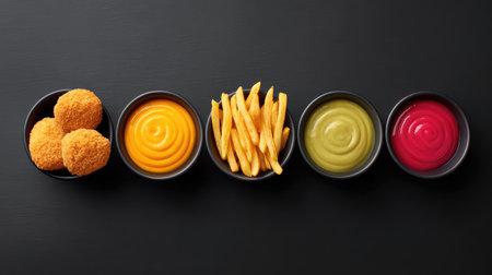 A tempting arrangement of chicken nuggets, crispy fries, and an array of vibrant dipping sauces on a dark surface, perfect for fast food lovers and culinary enthusiasts.の素材