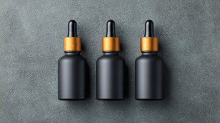 Three sleek dropper bottles with a matte black finish and gold tops against a gray textured surface, perfect for showcasing modern beauty or wellness products in a stylish composition.の素材