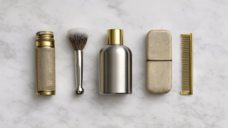 A carefully arranged collection of grooming essentials, including a vintage shaving brush and a sleek metal bottle, perfect for showcasing luxury and style in personal care routines.の素材