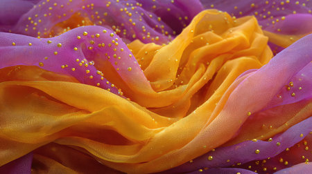 A close-up view of soft fabric displaying vibrant purple and orange hues adorned with golden beads, ideal for use in creative and artistic projects.の素材