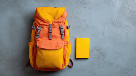A colorful orange and yellow backpack placed next to a vibrant notebook on a textured gray surface, perfect for adventures, school activities, or creative exploration.の素材