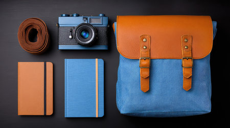 Capture the essence of adventure with this stylish arrangement of a vintage camera, leather strap, colorful notebooks, and a canvas backpack on a dark background.の素材