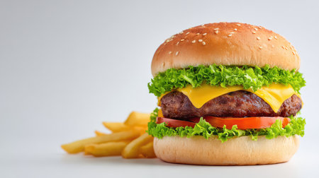 Mouthwatering cheeseburger featuring fresh lettuce, ripe tomato, and crispy fries, perfect for enhancing culinary projects or food-related content in stock photography.の素材