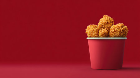 A vibrant image showcasing crispy fried chicken pieces in a red cup, set against a minimalist red background, perfect for engaging fast food marketing and culinary artwork.の素材