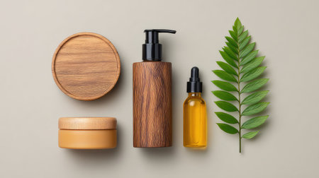 Discover a serene arrangement of natural skincare products featuring eco-friendly packaging and greenery, perfect for wellness and relaxation practices.の素材