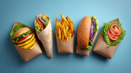 A captivating display of fast food favorites including a hamburger, a fresh wrap, crispy fries, a savory hot dog, and a colorful salad, set against a bright blue backdrop.の素材