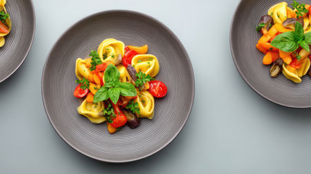 This vibrant pasta dish features fresh tortellini, cherry tomatoes, and bell peppers, beautifully garnished with basil, perfect for a stylish dining experience.の素材