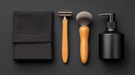 Discover a set of essential grooming tools designed for the modern individual, featuring a stylish razor, brush, skincare bottle, and cloth on a sleek black background.の素材