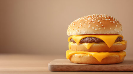A mouth-watering cheeseburger with two layers of cheddar cheese and a sesame seed bun on a wooden board, ideal for food lovers and culinary enthusiasts.の素材