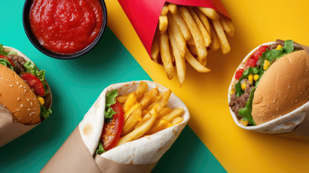 A vibrant display of fast food including a burger, tortilla wrap with fries, and dipping sauce, perfect for showcasing culinary delights and food inspiration.の素材