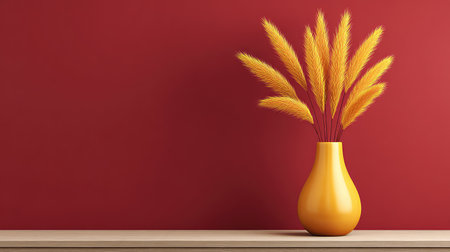 A bright yellow vase featuring tall grass stems is set against a rich red wall, offering a stylish addition for home decor and interior design inspiration. Perfect for minimalistic aesthetics.の素材