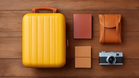 A vibrant yellow suitcase accompanied by brown leather accessories and a vintage camera, beautifully arranged on a wooden surface, showcasing travel and adventure themes.の素材