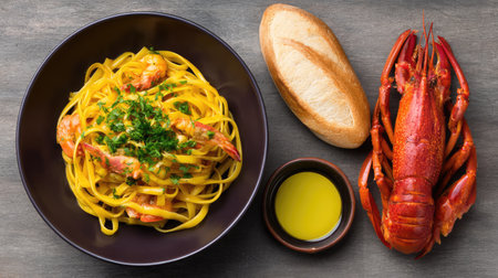 A captivating seafood pasta dish featuring lobster and fresh herbs, served with a slice of bread on a wooden table. Ideal for food lovers and culinary enthusiasts.の素材