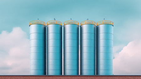 A vibrant image of large industrial silos set against a clear sky, showcasing modern storage solutions for various sectors including agriculture and manufacturing.の素材