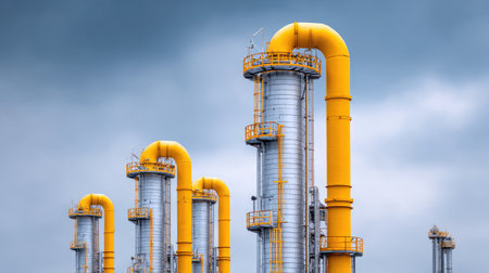 A striking representation of modern industrial architecture featuring yellow gas pipes against a moody sky, highlighting the essential elements of energy production and engineering.の素材