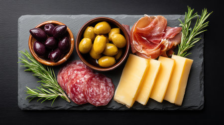 A vibrant charcuterie board showcases an elegant assortment of meats, cheeses, olives, and fresh herbs, ideal for gatherings, celebrations, or simple indulgence.の素材