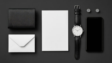 A sophisticated flat lay setup showcasing a black wallet, a classic watch, a smartphone, blank paper, an envelope, and cufflinks, perfect for modern lifestyle and business themes.の素材