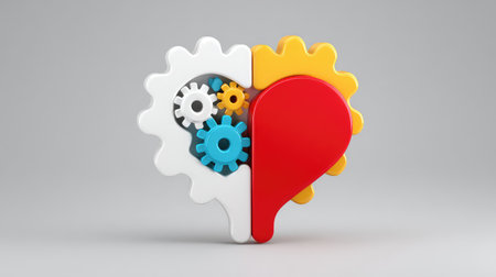 This striking design features a heart and brain intertwined with colorful gears, symbolizing the harmony between emotions and intellect. Perfect for conveying creativity and innovation.の素材