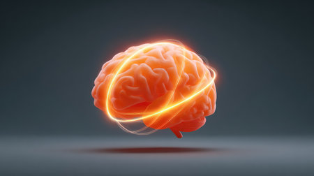 This digital artwork showcases a glowing brain surrounded by energetic lines, representing thought, creativity, and innovation in a visually striking manner.の素材