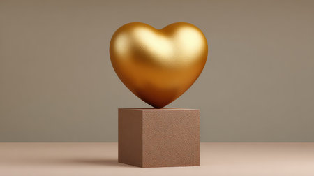 Stunning golden heart sculpture displayed on a textured cube, representing love and elegance. Perfect for contemporary interiors and art enthusiasts seeking a touch of romance.の素材