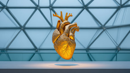 This striking gold heart sculpture captures attention in a modern gallery space. It combines art and emotion, creating a unique visual experience that invites reflection.の素材