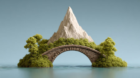 A captivating surreal landscape featuring a majestic mountain with a stone bridge, surrounded by lush greenery, evoking tranquility and creativity in a minimalist approach.の素材