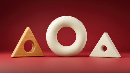 This image showcases a harmonious arrangement of abstract geometric shapes in a warm wood finish and soft cream against a rich red background, perfect for design inspiration.の素材