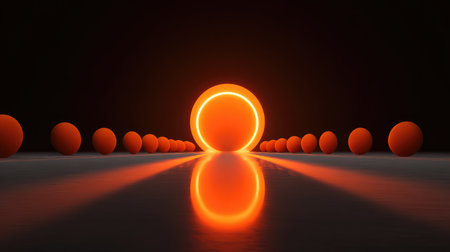 This captivating artwork features glowing orange spheres aligned towards a radiant light source, casting mesmerizing reflections on a smooth surface in a dark setting.の素材
