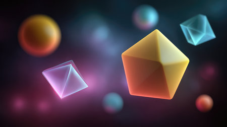 A stunning collection of abstract 3D geometric shapes in vibrant colors, floating in a soft focus background, creating a modern and energetic visual experience perfect for digital art projects.の素材