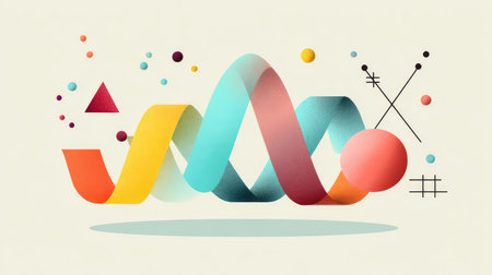 A mesmerizing abstract art composition featuring colorful curved ribbons and geometric shapes, perfect for backgrounds, print materials, or digital designs.の素材