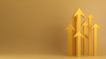 A collection of bright yellow arrows in a dynamic arrangement, set against a warm brown background, symbolizing growth and positive progress in various contexts.の素材