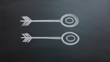 This illustration features two chalk drawings of arrows pointing towards target circles on a blackboard, representing the concepts of goal setting, achievement, and success in various aspects of life.の素材